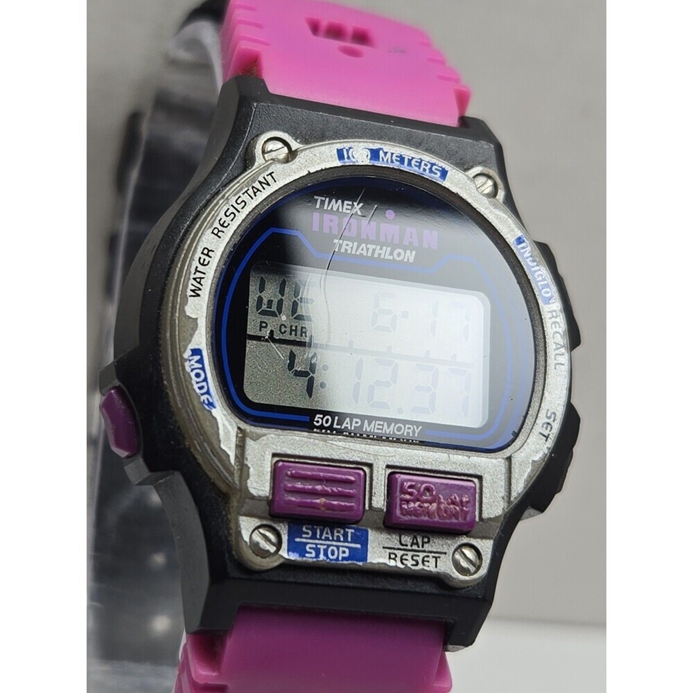 Vintage 1996 Timex Ironman Triathlon 50 Lap Purple Digital Watch New Battery - Picture 4 of 11